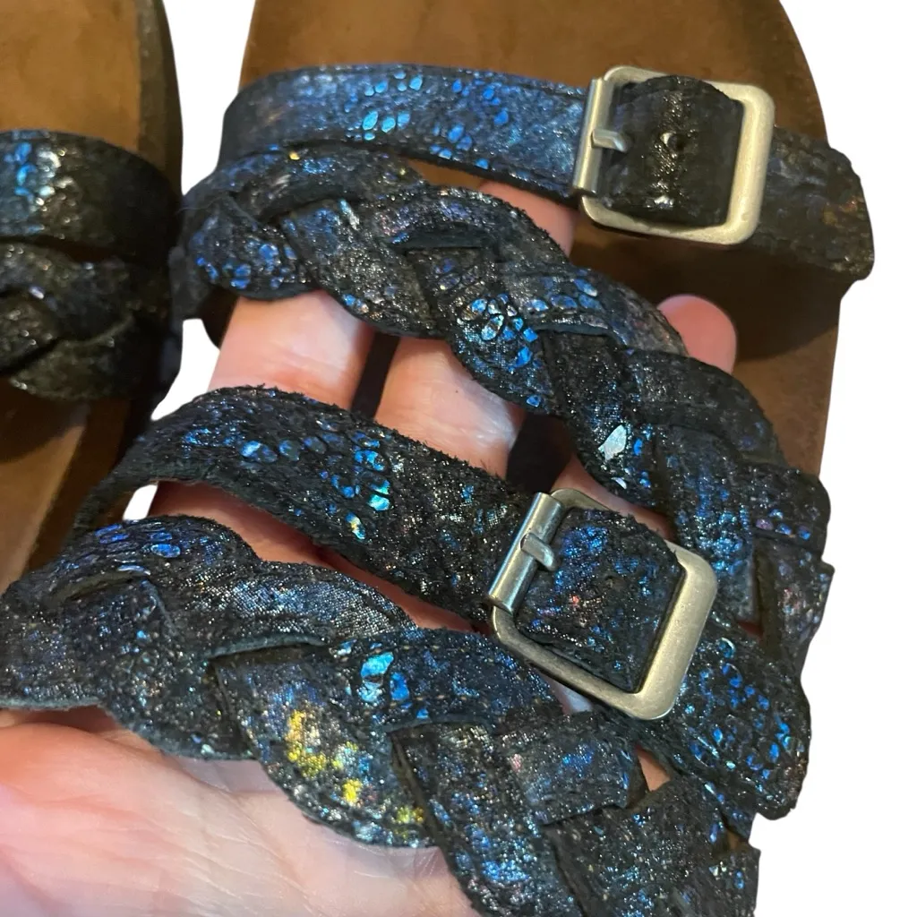 EUC White Mountain Blue blue sparkly adjustable strap leather/cork slide sandals - Image 3