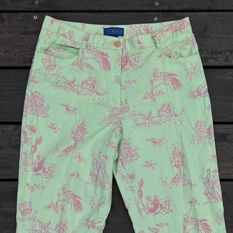 J. McLaughlin Cotton Bright Green w/ Pink Floral and Farm Graphic Print Trousers - Image 3