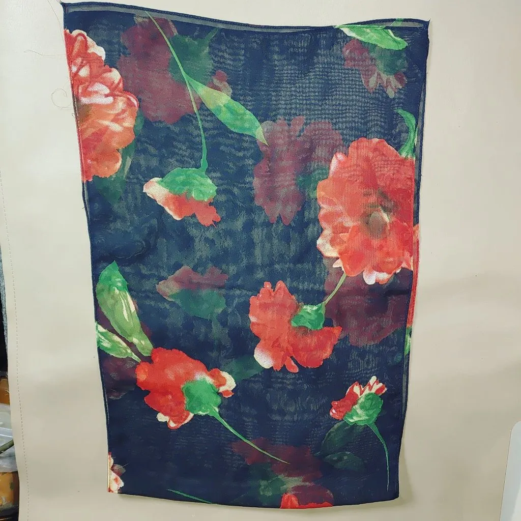 Floral Sheer Scarf Navy Vintage Red Green Flowers Rectangular 42 by 13 Inches - Image 12