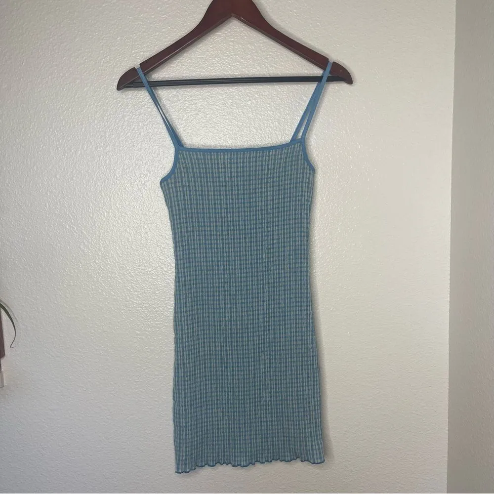 Wilfred XS Body Con Rouched Mini Dress Blue Spaghetti Straps Ribbed Stretchy - Image 4