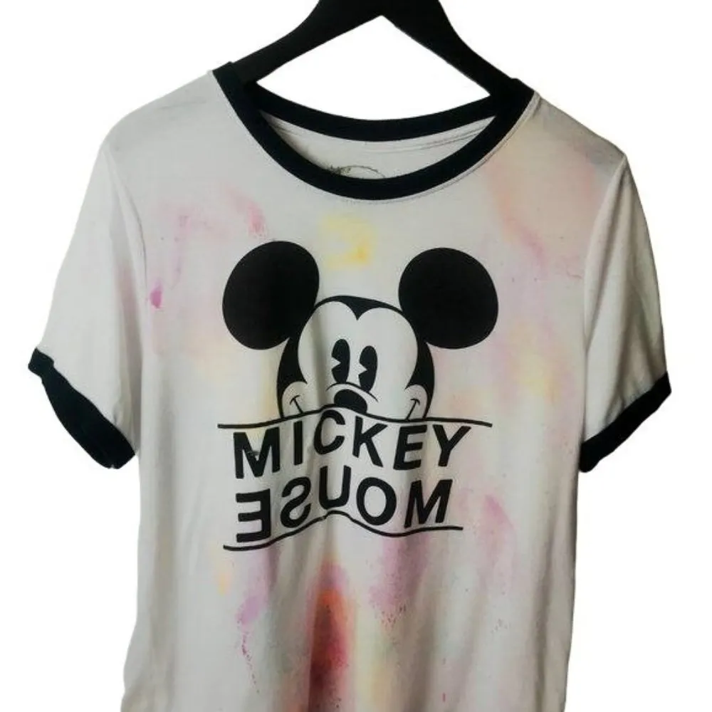 Disney Mickey Mouse T Shirt Paint Splatter Ringer Short Sleeve Cotton Solid Logo - Image 2