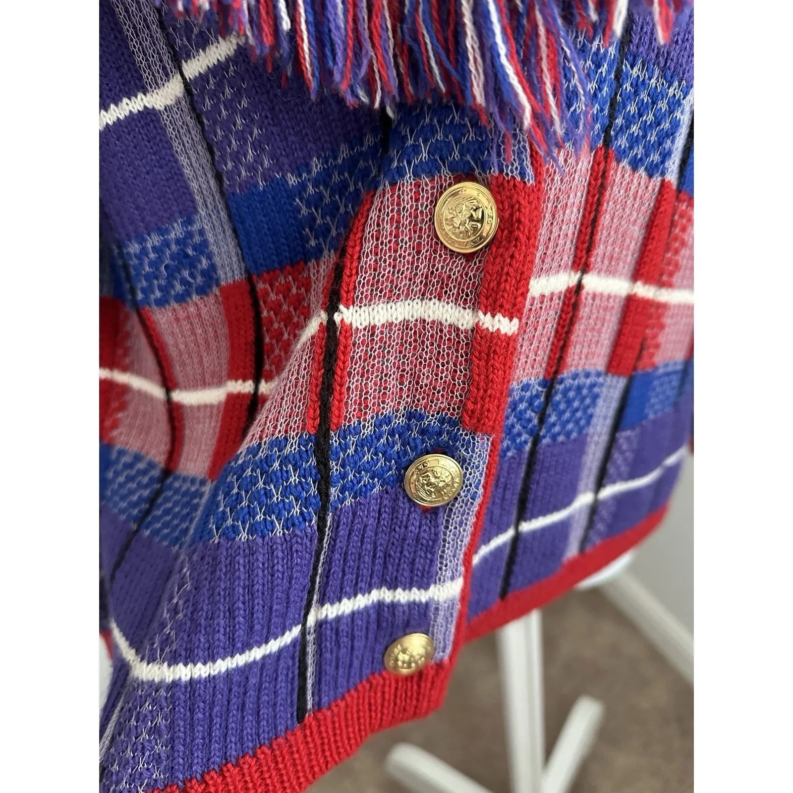 Vintage GENE EWING BIS WOMAN Hong Kong Red Purple Fringe CARDIGAN Sweater (b26) Size 0P - Image 4