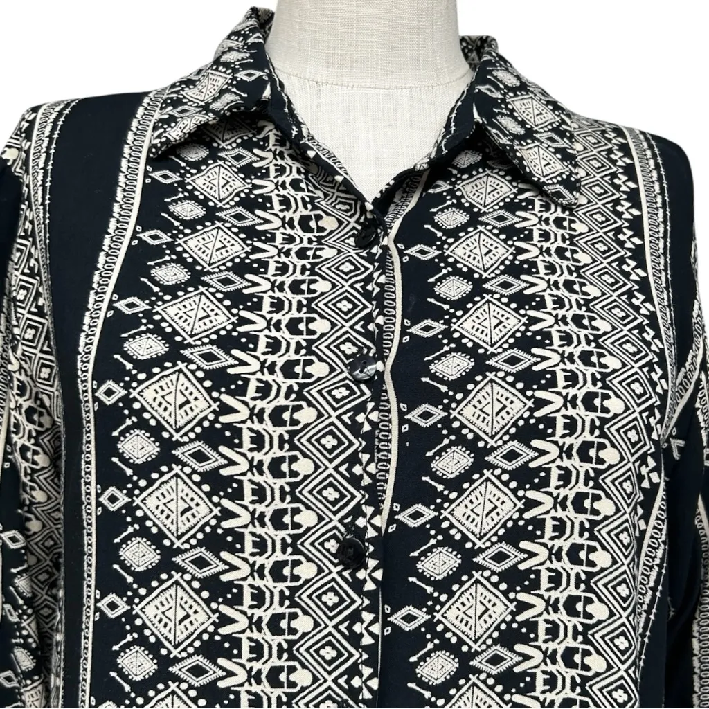 Kaktus Black & Cream Tribal Print Tunic, Size Medium, Boho Lightweight Fall Top - Image 6