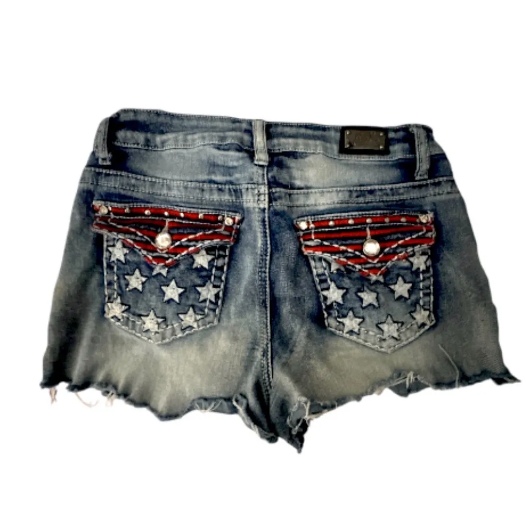 Earl Jean Y2k Denim Shorts Womens 6 Star Pocket Rhinestone Patriotic Blue - Image 2