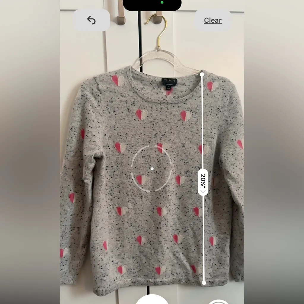 Talbots Medium Gray 100% Cashmere Pink Heart Print Crewneck Sweater Speckled - Image 5