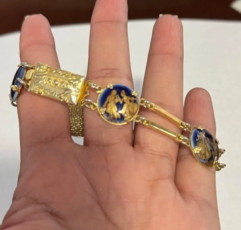 Vintage 30s Porcelain Courting Couples Transferware Cabochon Gilt Brass Bracelet Gold - Image 5