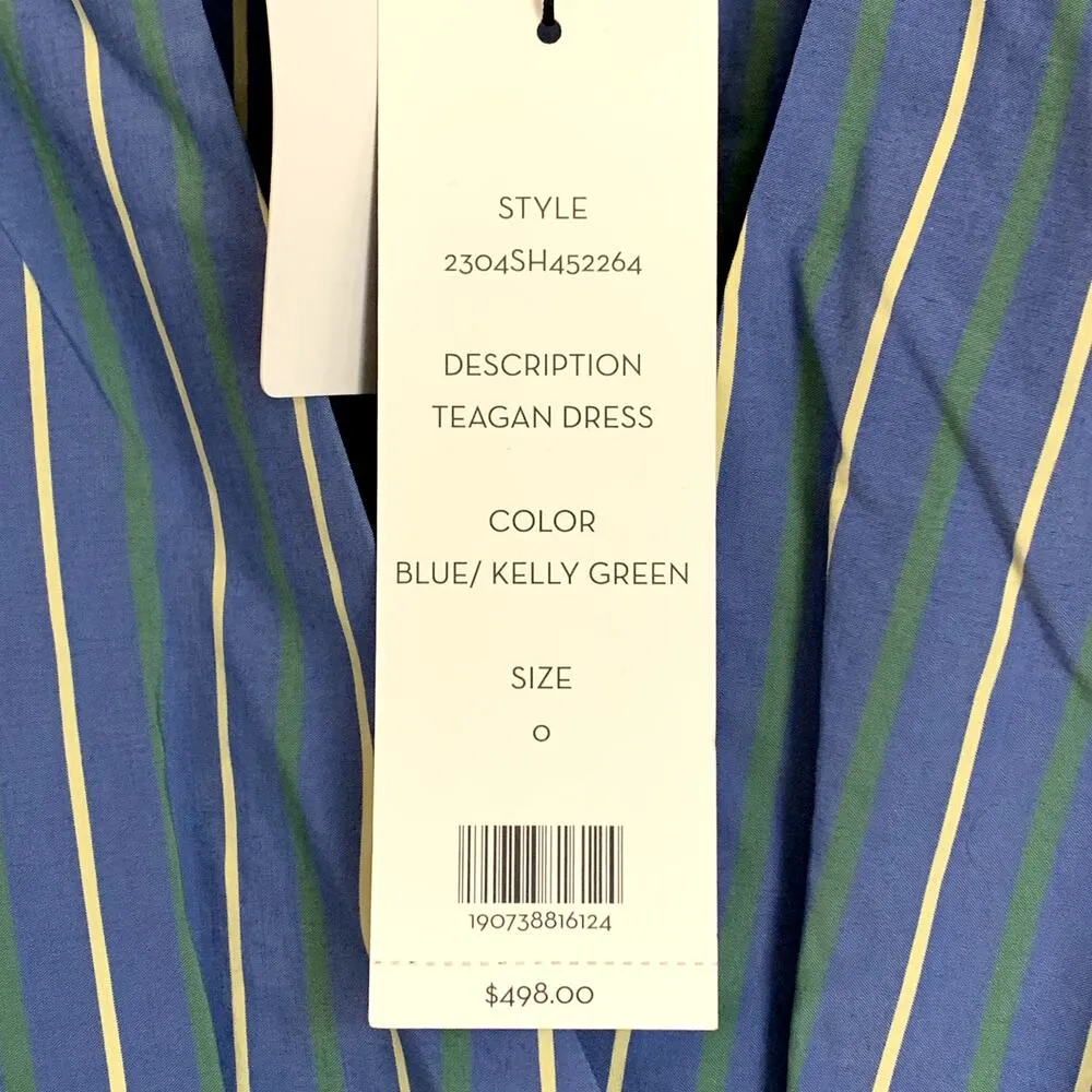 NWT Veronica Beard Teagan Stripe Ruched V-Neck Midi Dress in Blue/Kelly Green - Image 14