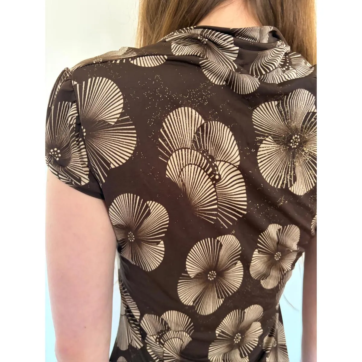 Brown Sparkly Midi Vintage Gold Floral Cap Sleeve / Off Shoulder Dress Size M - Image 4