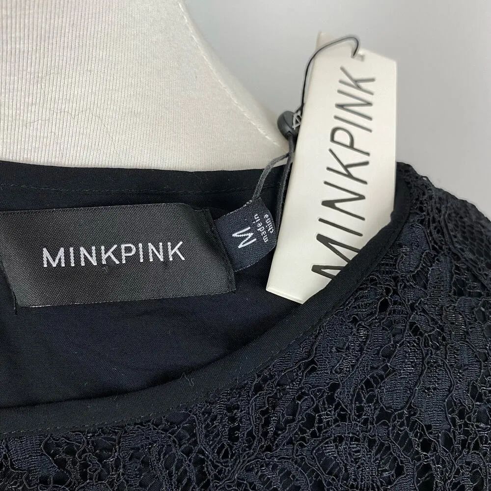 Minkpink Solid Black Lace Long Sleeve Cold Shoulder Mini Dress Medium NEW - Image 7