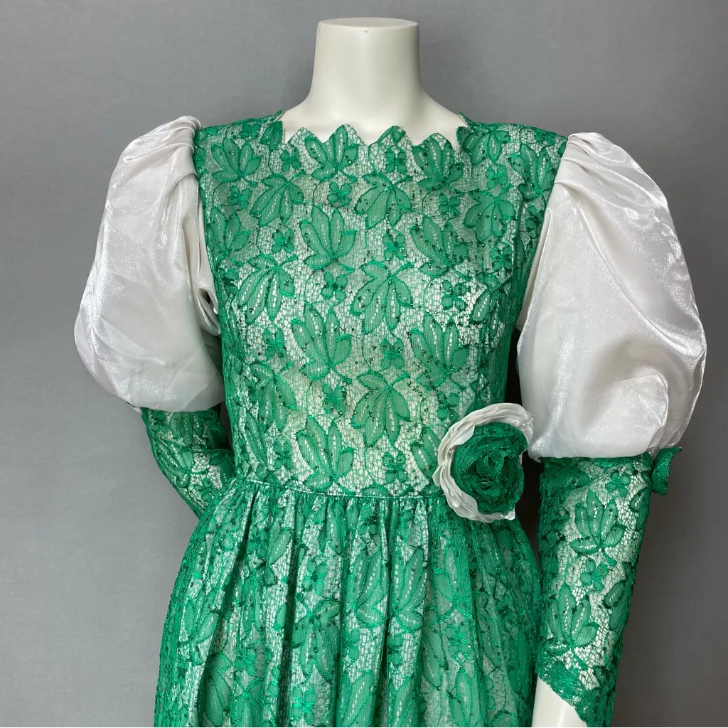 Handmade Dress Green Lace Puffed Sleeves Rosette Waist Halloween‎ Costume Unique - Image 4