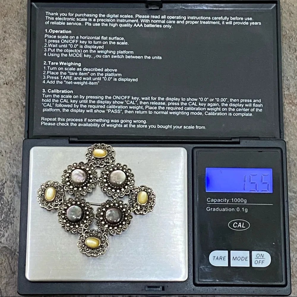 Vintage 925 Sterling Silver Filigree Marcasite Abalone Yellow Moonstone Brooch - Image 8