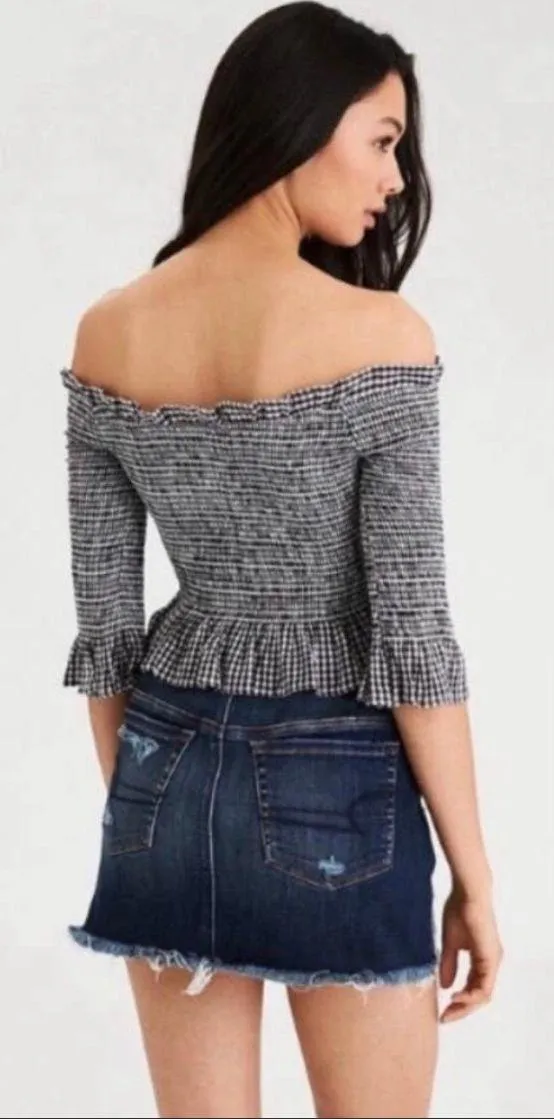 American Eagle Outfitters Gingham Off Shoulder Crop Top - Image 3
