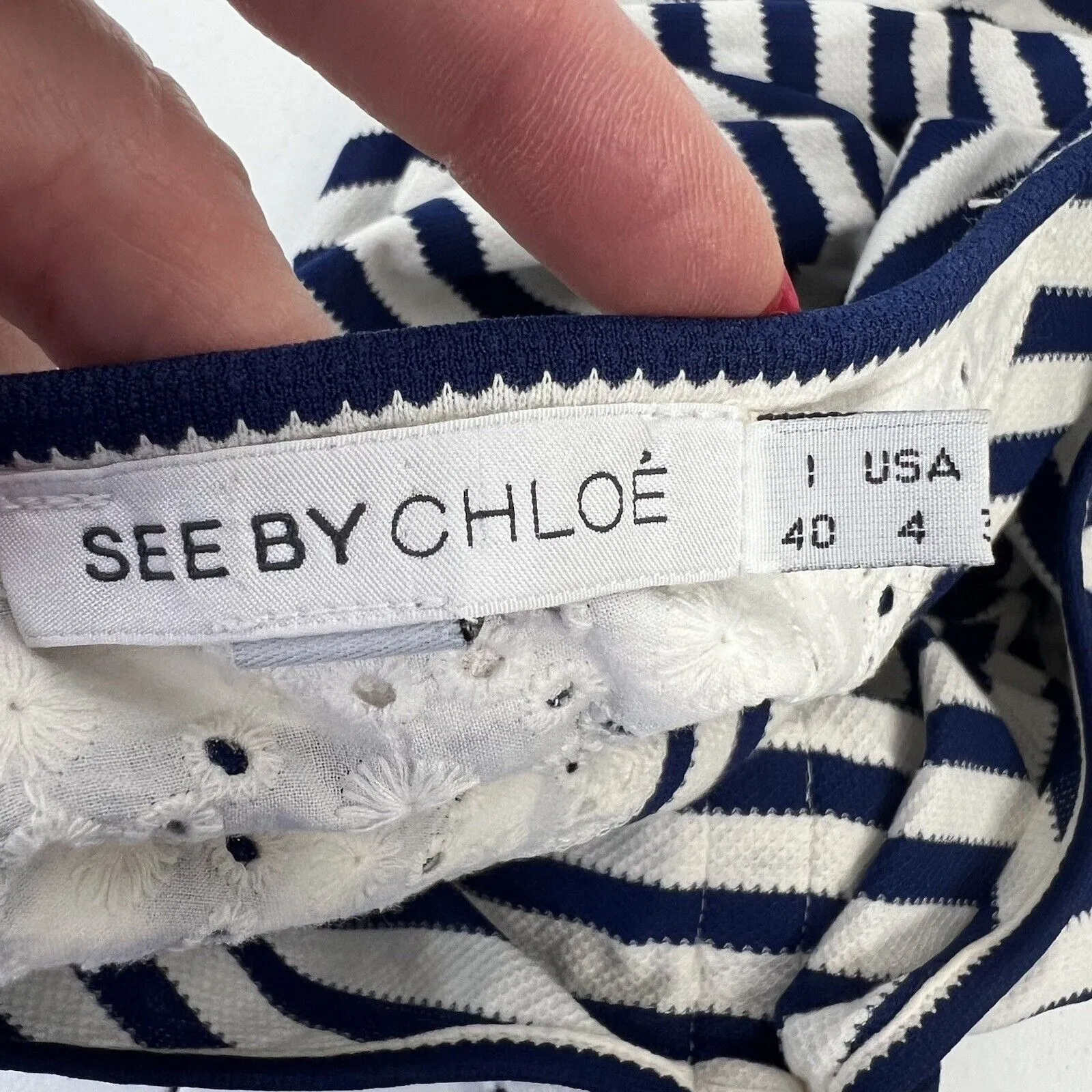 See By Chloe Size 4 Shift Dress Striped Blue White Ruffle Front Nautical Resort - Image 12