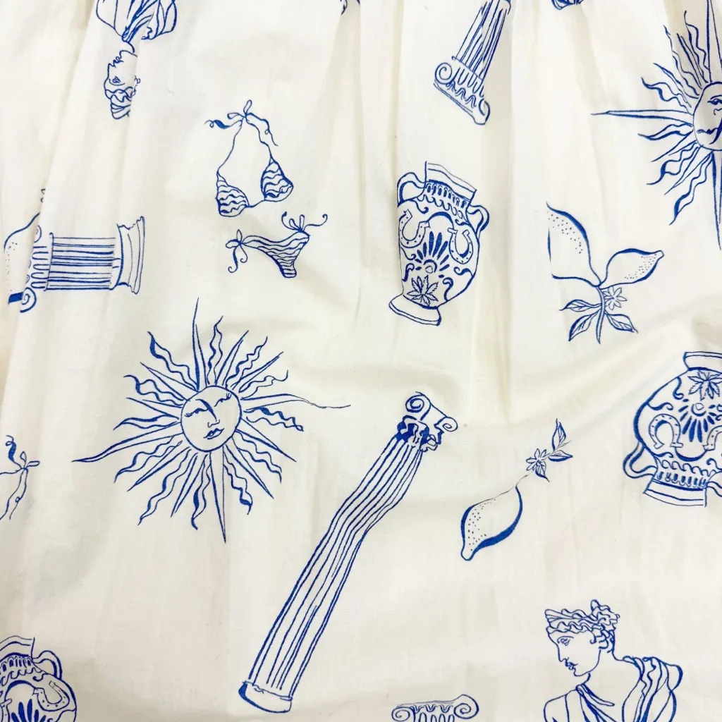 Lucky Brand Bubble Cotton Poplin Maxi Skirt Greece Travel Vacation Print Ecru - Image 4