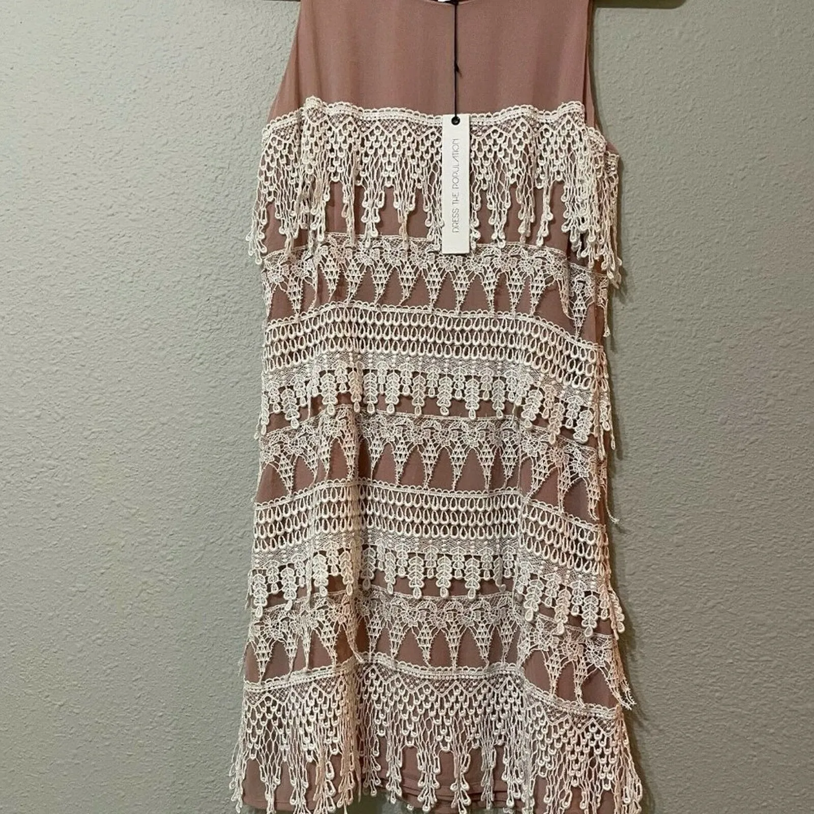 Dress The Population White Pink Olivia Fringe Lace Dress Womens S Boho Cottage - Image 3