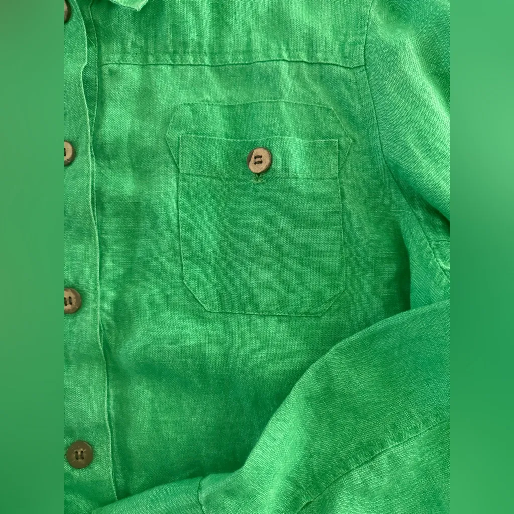 Chicos 100% Linen Button Down Shirt Jacket Sz 2 US L Kelly Green Long Sleeve - Image 12