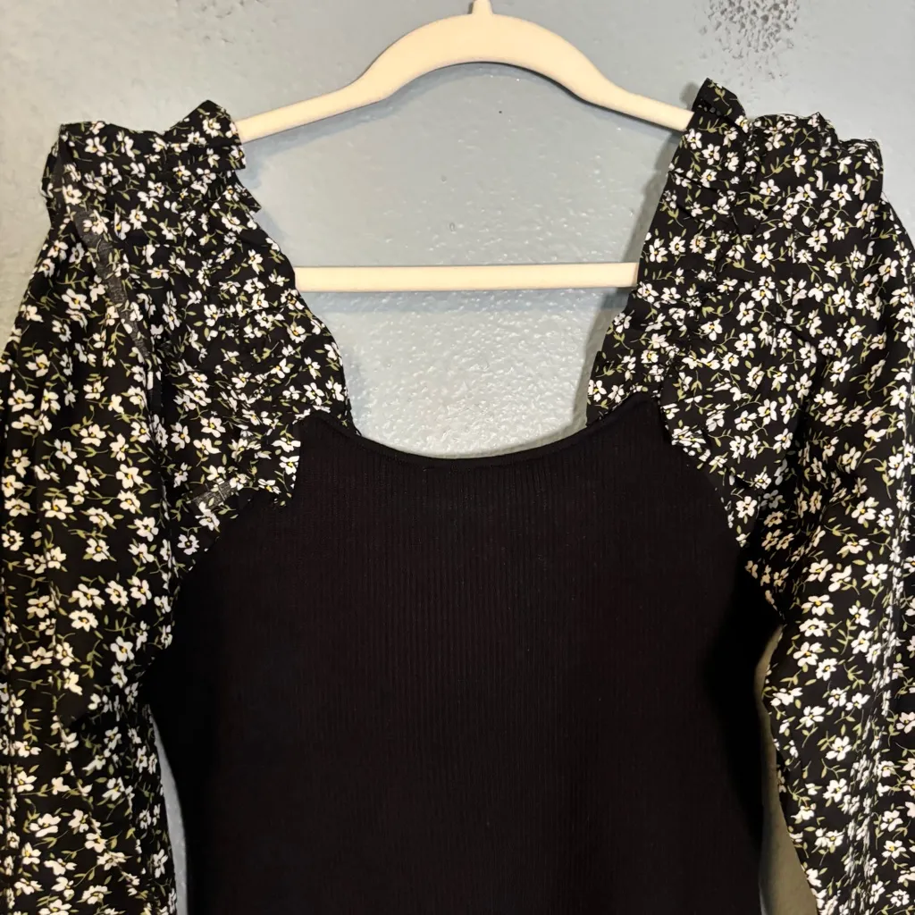 By Anthropologie Woven Ruffle Sleeve‎ Sweater Black White Floral Medium Party - Image 9