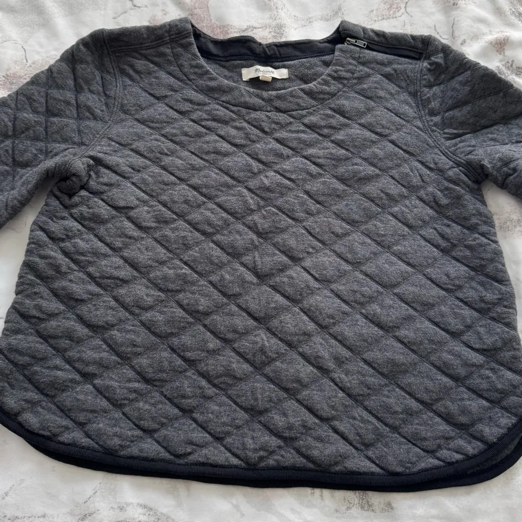 Madewell gray quilted zip shoulder cotton sweater, size XS boho cropped winter - Image 11