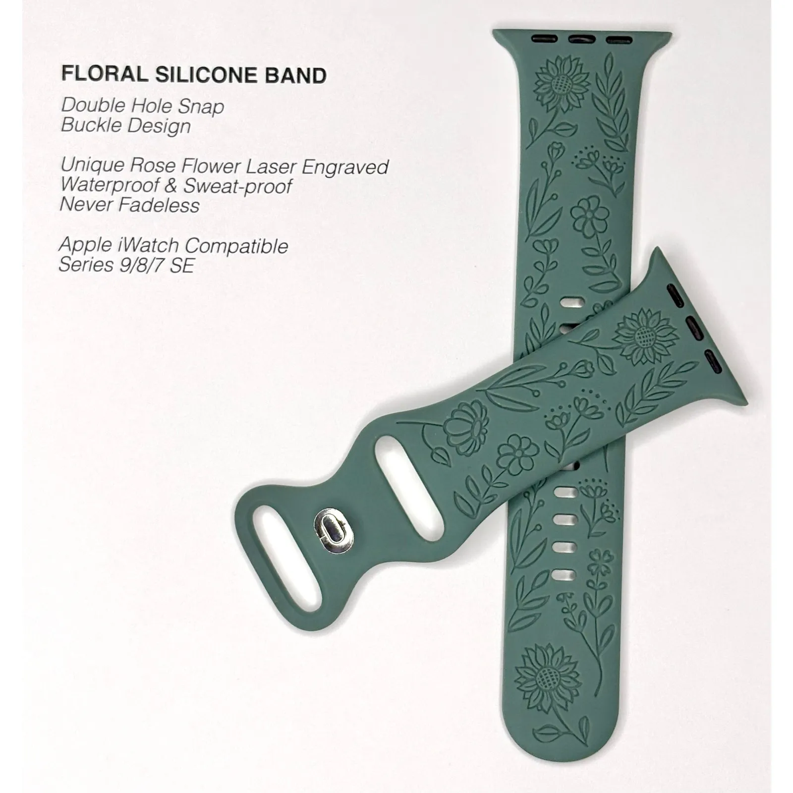 Unbranded Apple‎ iWatch 9/8/7 SE Engraved Rose Floral 34mm Silicone Watch Band Green - Image 2