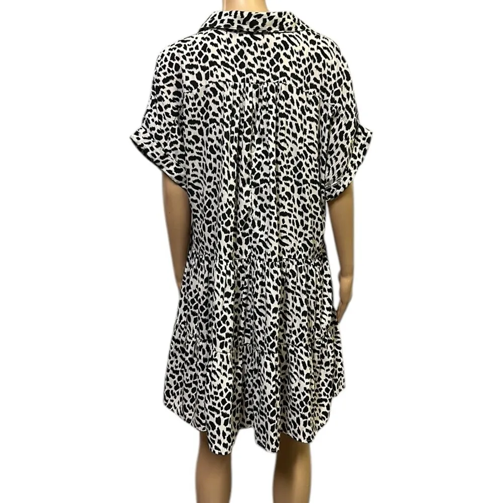 Umgee Animal Print Tiered Black Cream Short Sleeve Collared Babydoll Dress Large - Image 6