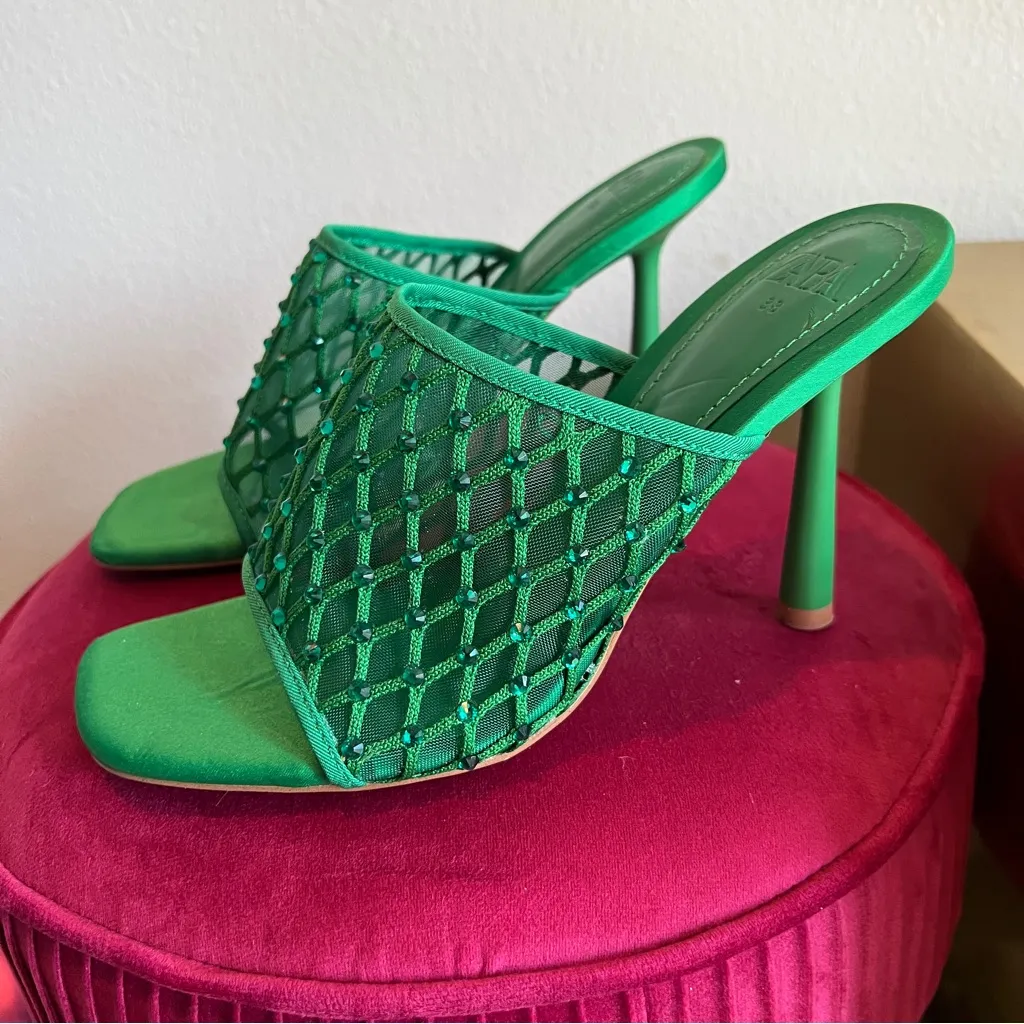 NWT Zara Green Square Toe Rhinestone Mesh Mule Stiletto Heels - Image 2