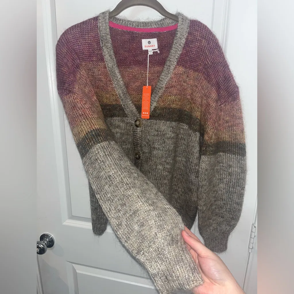Sundry NWT V Neck Button Cardigan Sweater Color Block Muted Earth Tones Mohair S - Image 3