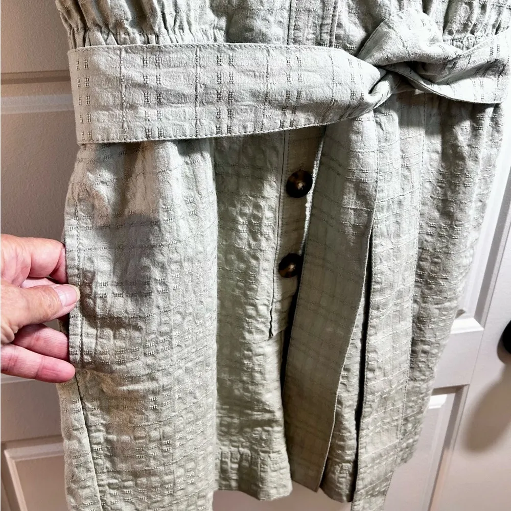 MADEWELL Seersucker Camp Romper Button Front Split Collar Pockets Tie  Sz CS - Image 6