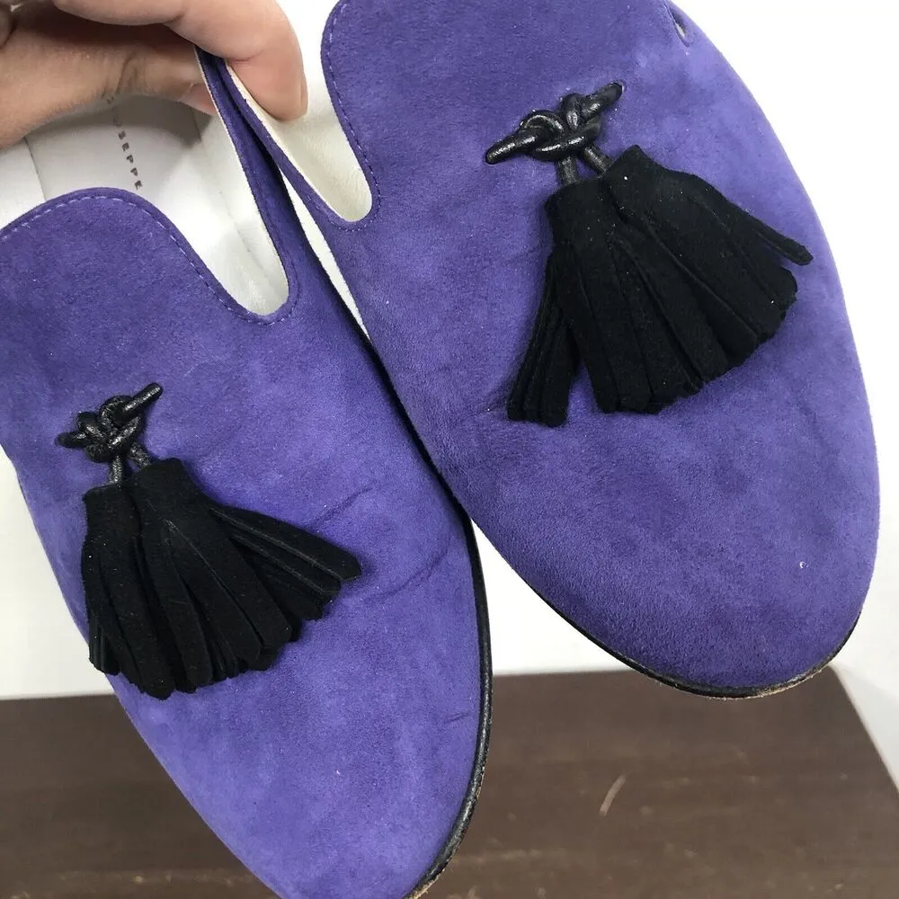 Giuseppe Zanotti Women's Size 37.5 Suede Black Tassel Slip On Loafers Flats - Image 9
