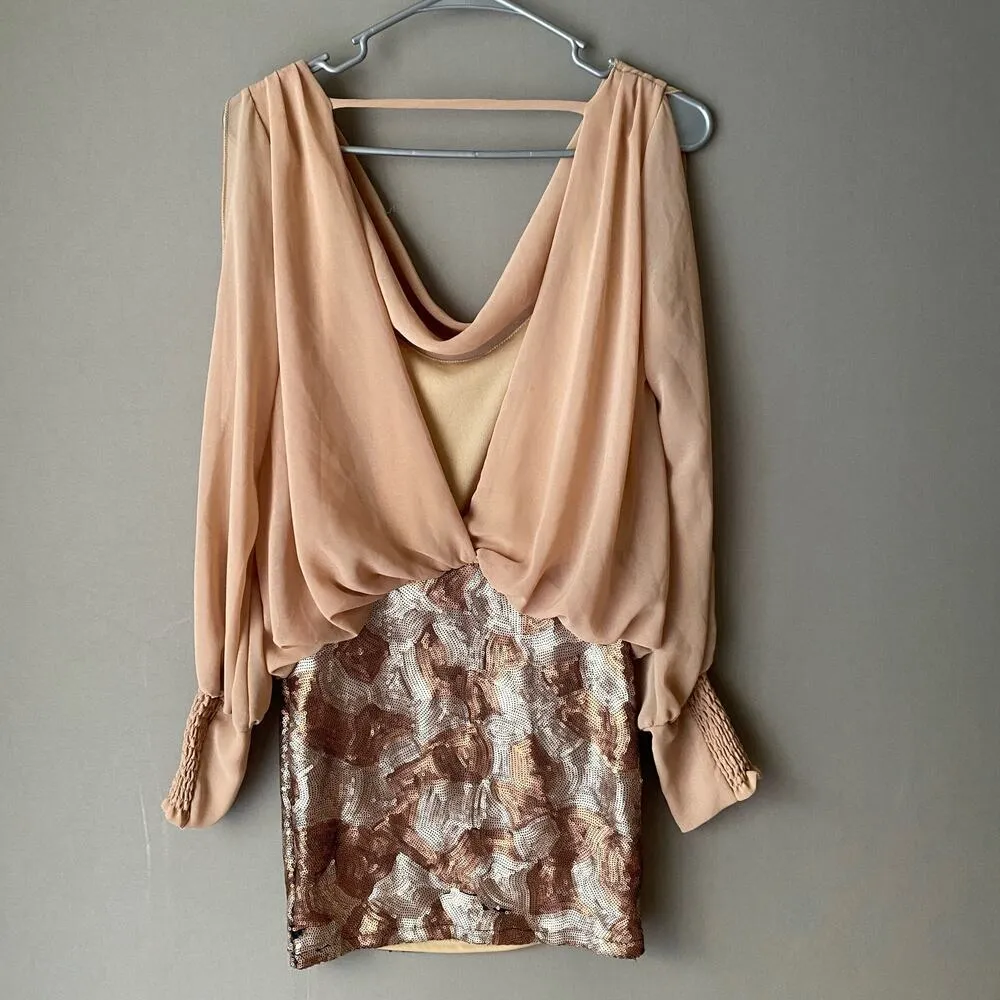 Love Culture sz S beige‎ gold blouson sequin mini cocktail dress - Image 7