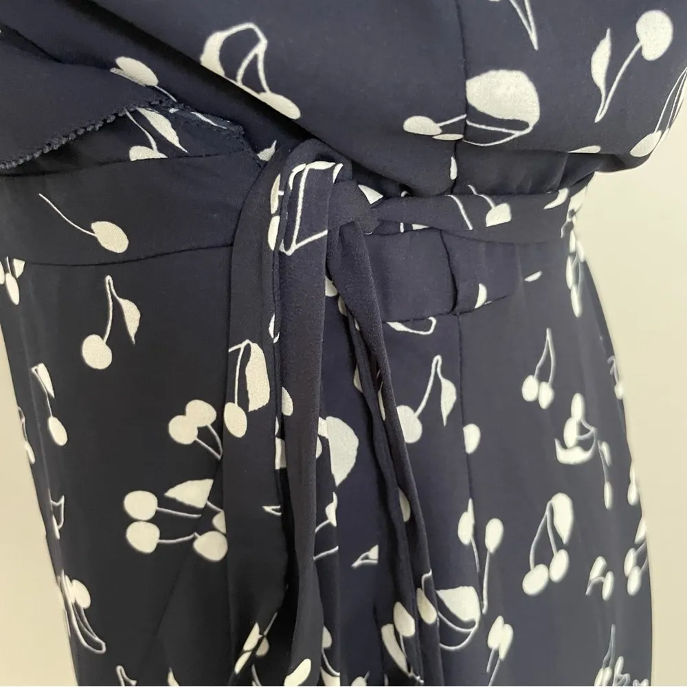 Sunday Best Dress  Savoy Wrap Cherry Print Ruffle Lined Navy Blue White - Image 7