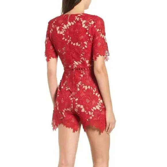 ASTR The Label Lace V-Neck Romper Red Nude size M Party Holiday Cocktail Cut Out - Image 2