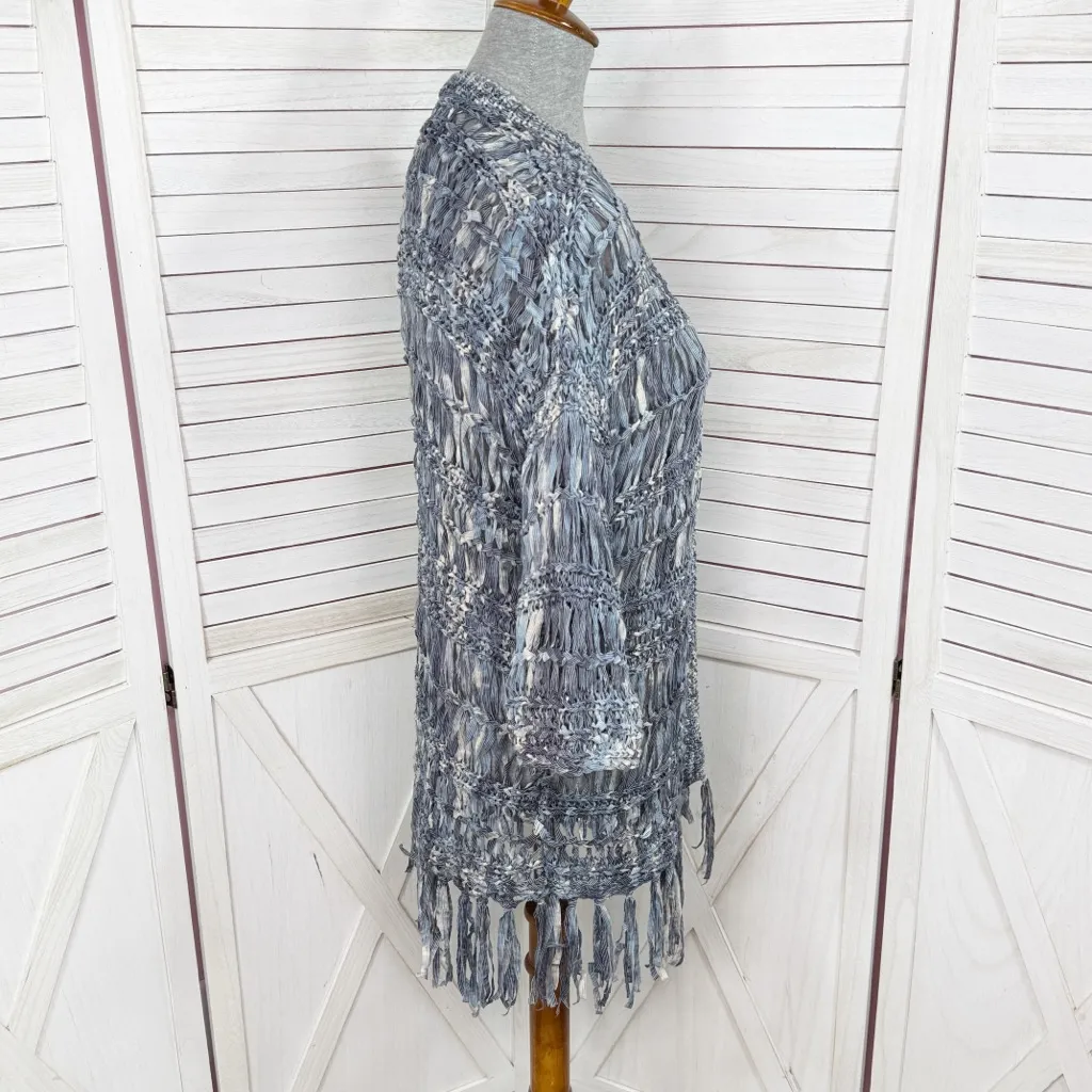 Chico's Boho Open Ribbon Yarn Knit Fringe Cardigan Sweater Denim Blue Small - Image 4