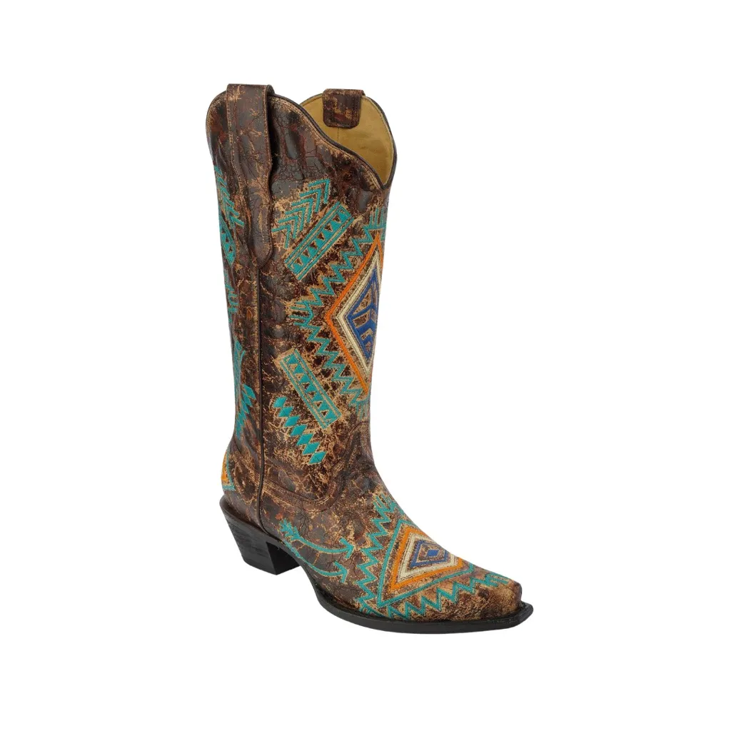 CORRAL WOMEN'S DIAMOND COWGIRL SNIP TOE TURQUOISE COGNAC BOOTS size 6 - Image 11
