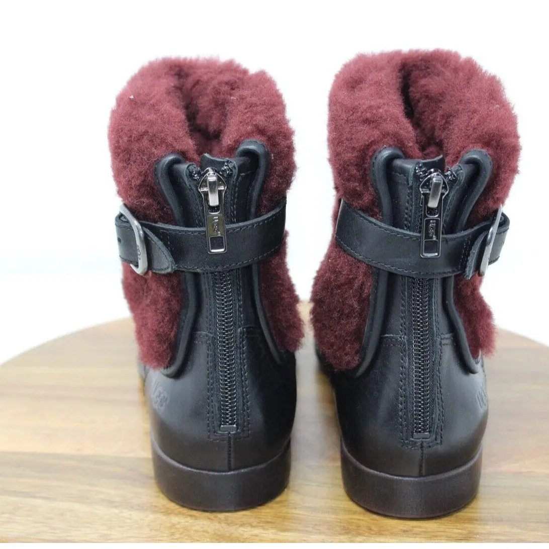 UGG Australia Women's Black Leather Burgundy Sheepskin Foldover Boots‎ Size 7.5 - Image 6