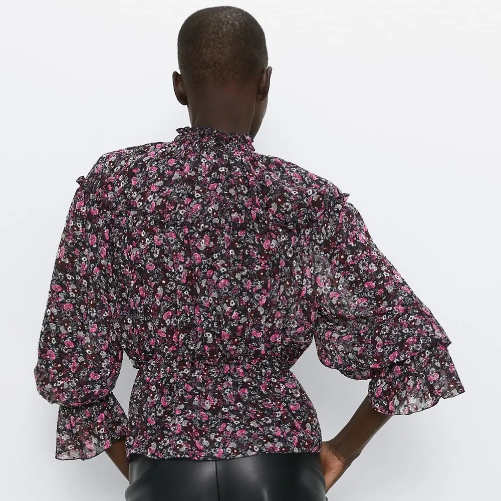 Zara RUFFLED PRINT HIGH COLLAR BLOUSE Black/Pink - Image 4