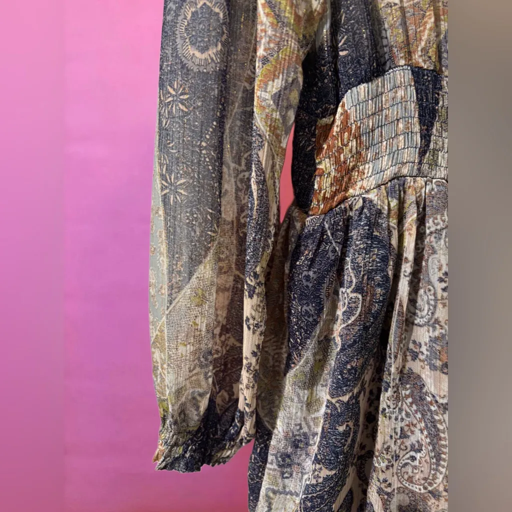 Zara Navy & Orange Paisley Ruffled V-Neck Mini Dress w/ Peasant Sleeves - Small - Image 14