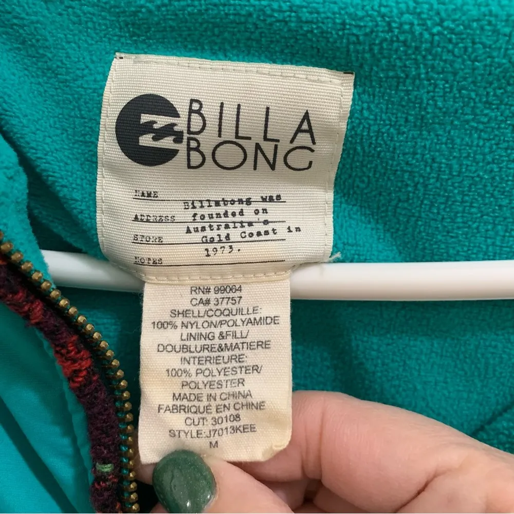 Women’s Billabong Fleece Lined Coat with Hood Teal Green Blue Size Medium - Image 7