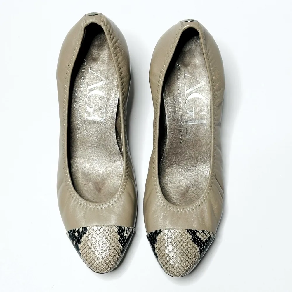 AGL Women's Tan Beige Snakeskin Cap Toe Leather Ballet Block Heel Pumps Size 36 - Image 2