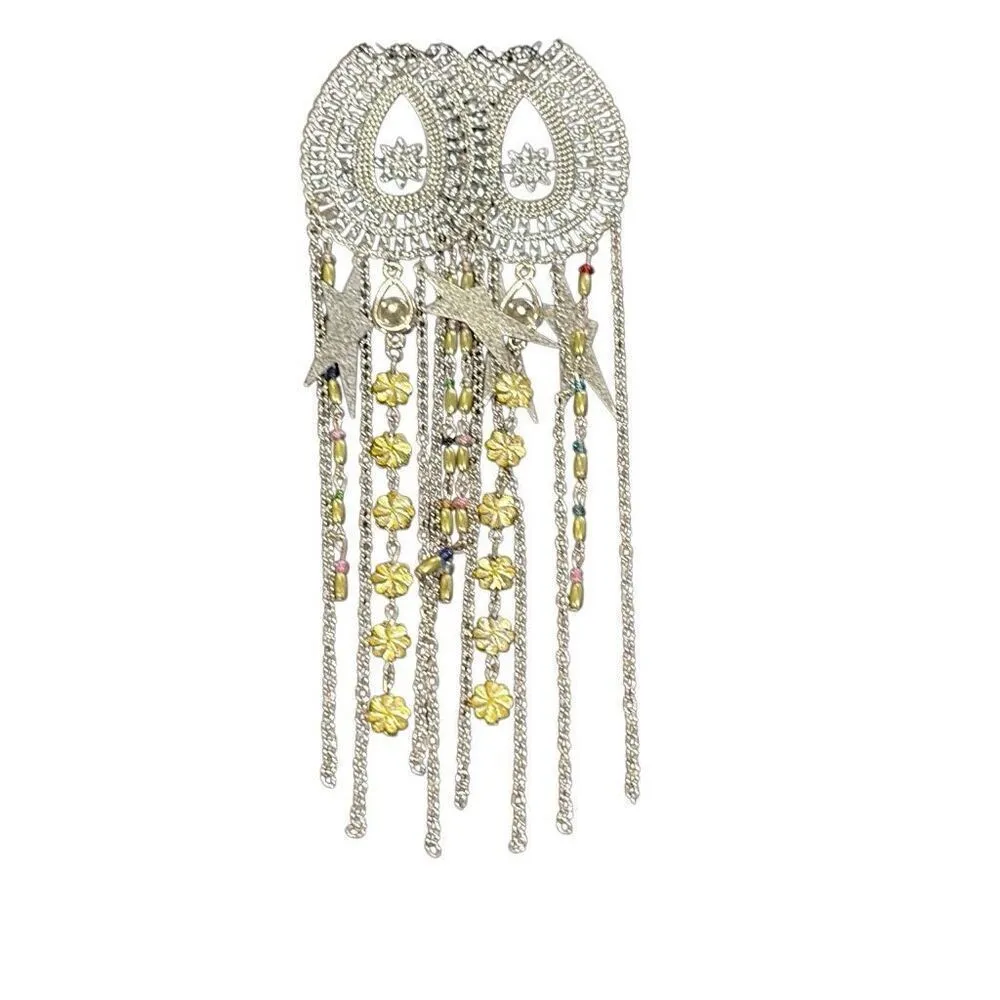 Silver Tone Teardrop Filigree Yellow Beaded Long Earrings Chain Fringe Stars NWT - Image 2