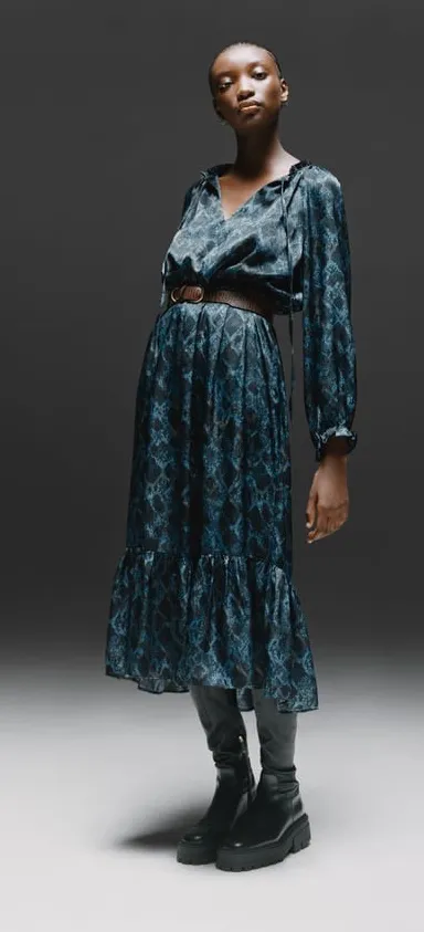 knee length dresses for ladies Zara Blue White Floral Plunge V-Neck 3/4 Balloon Sleeve Midi Maxi A-li –  Brie main image 1