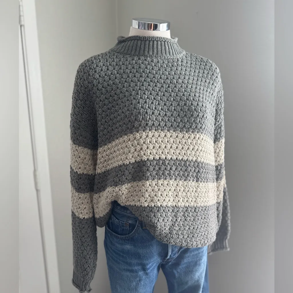 Knot Sisters‎ S (Revolve) Gray & Cream Striped High Neck Pullover Sweater Small - Image 2