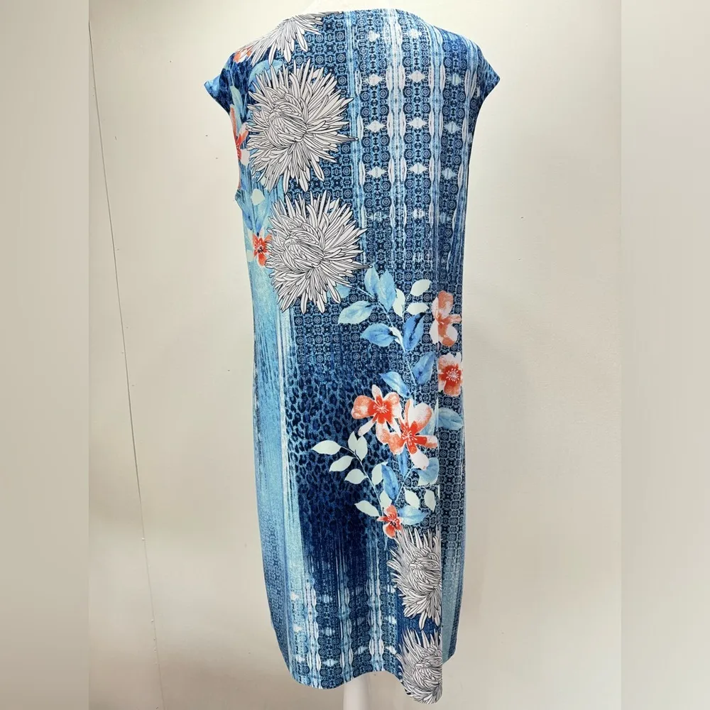 Chico’s Blue Mixed Print with Coral & White Floral Print Sleeveless Dress Sz 1/M - Image 6