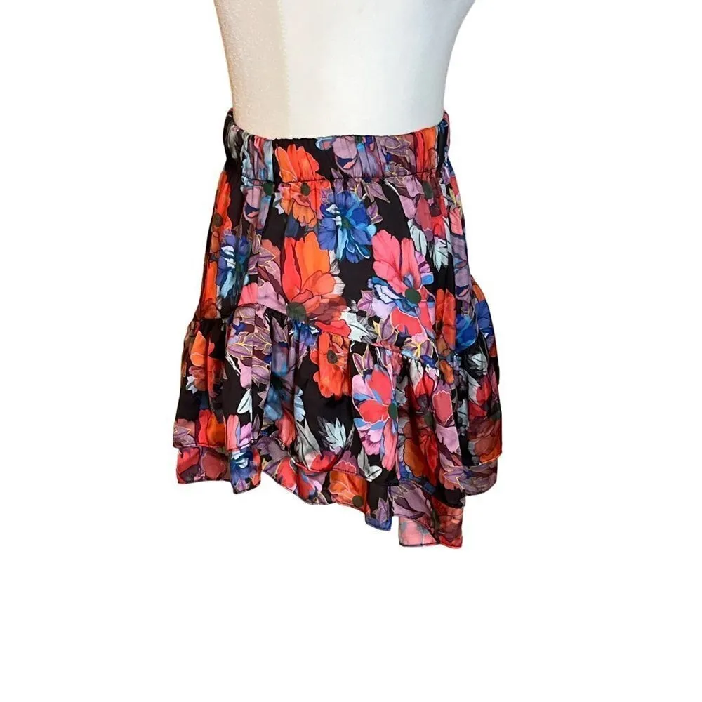 LoboRosa Floral Mini Skirt in Black Small Womens Floral Satin Tiered - Image 6