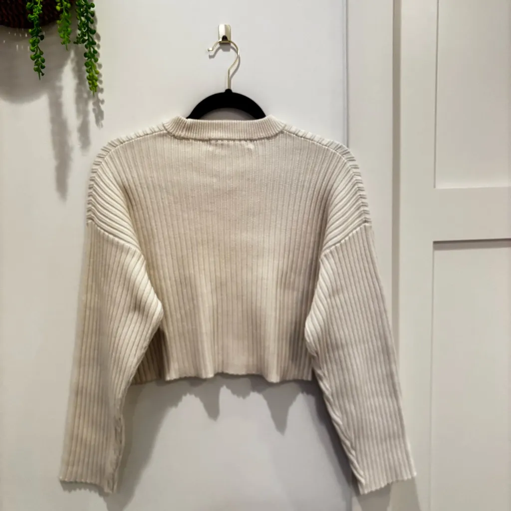 Bershka ASOS Cream Chunky Knit Cropped Long Sleeve Crewneck Sweater Womens Large - Image 6