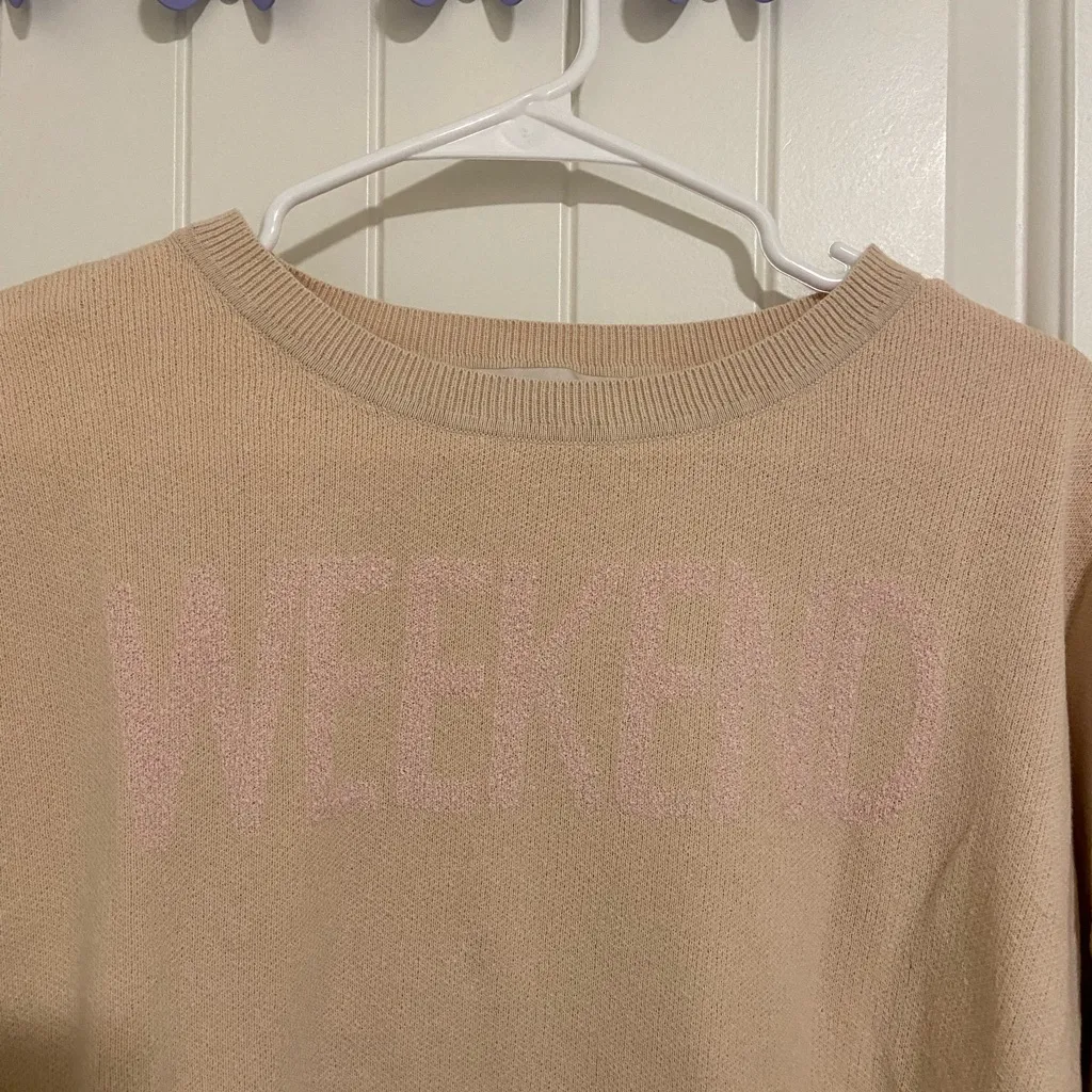 LOFT women’s tan pink Weekend thin knit crewneck long sleeve‎ sweater large - Image 2