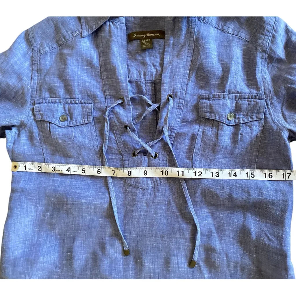 Tommy Bahama Blue Denim Chambray
Front Tie Roll Tab Sleeve Shirt Dress Sz XS - Image 9