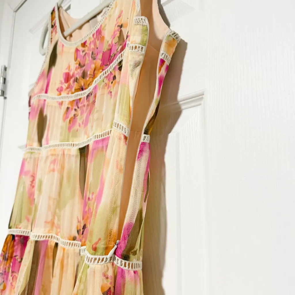 Sundance Floral Silk Tiered Lace Trim Detailing Maxi Dress Size 4 - Image 9