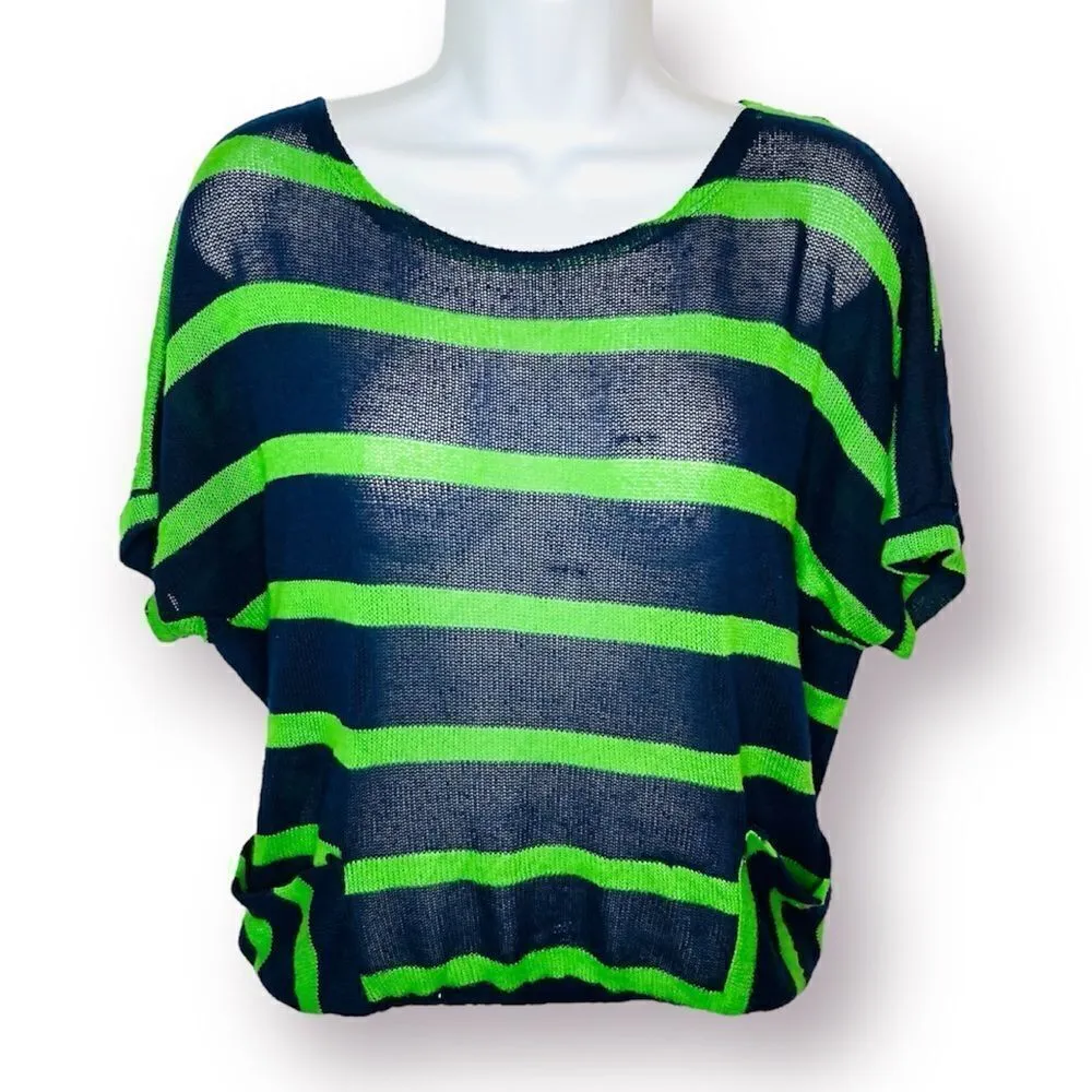 Chris & Carol Open Knit Dolman Short Sleeve Green Stripe Sweater Navy Blue S - Image 1