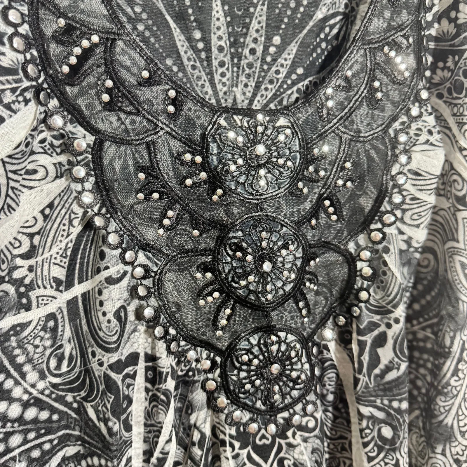 Apt 9 Top Women L Black White Y2K Bedazzled Grunge Emo Boho Sheer Cap Sleeve - Image 5