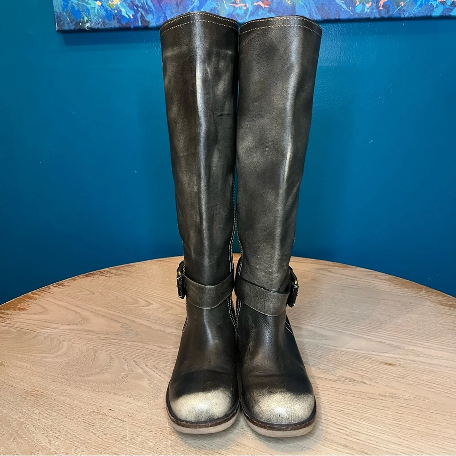 Lucky Brand Angelika Leather Riding Boots Pull On Buckle Slouchy Gray Women’s 6 - Image 4